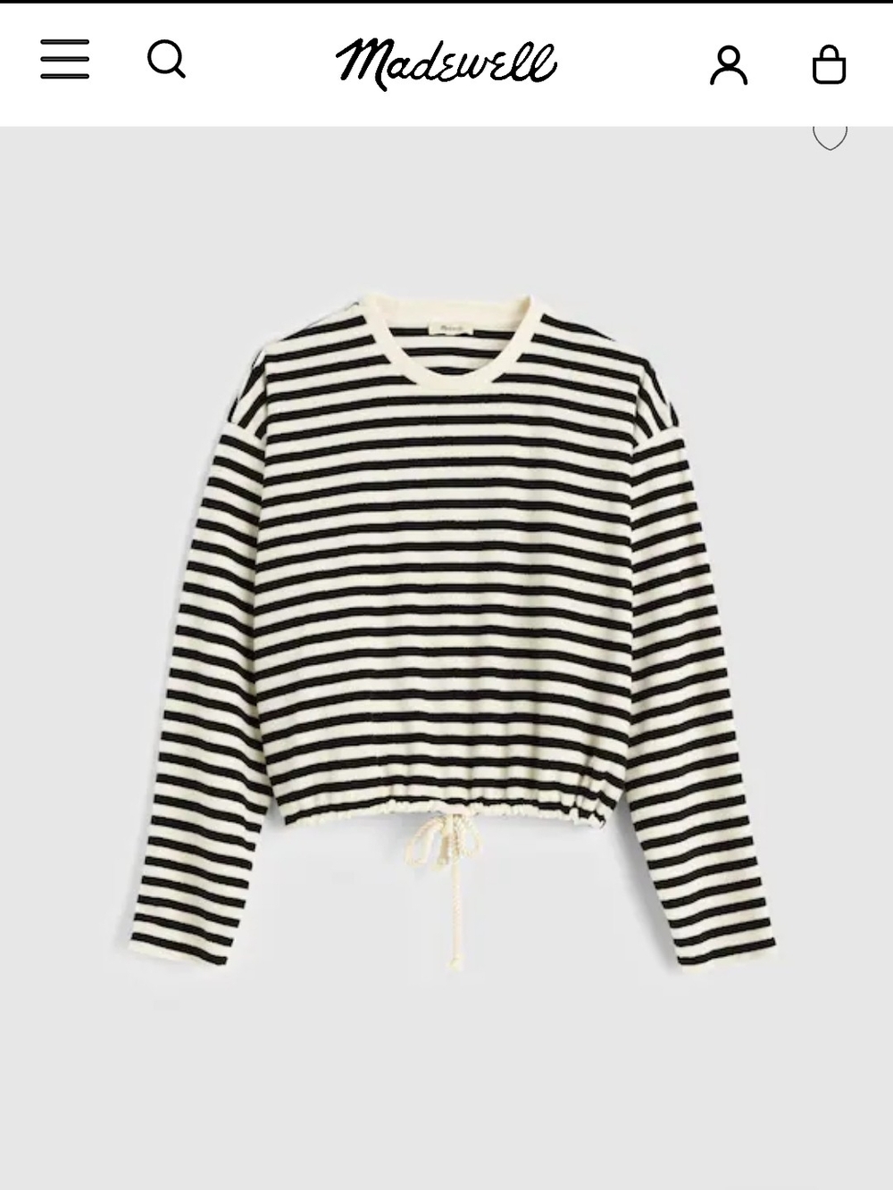 Madewell Black & Cream Striped Drawstring Cropped Crewneck